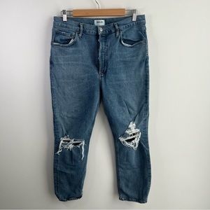 Agolde Riley Jeans 31 Blue High Rise Straight Crop Button Fly Jeans Distressed